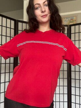 Y2K Striped Shirt (M) medium red mens streetwear skater cool alternative